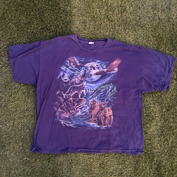 Gildan Other - Vintage Men's 3XL Faded Black Nature Scene Wolves Bears Eagles With Full Moon